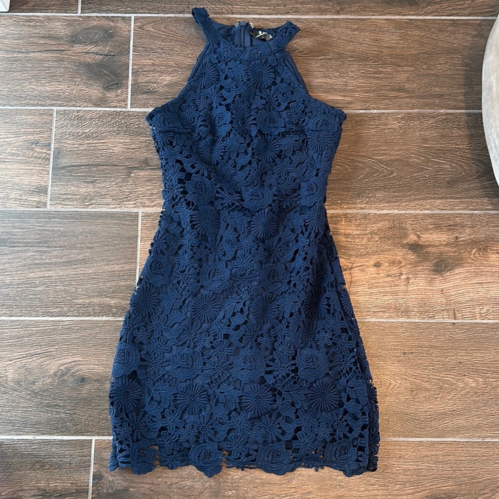 Lulu's Love Poem Navy Blue Lace Mini Dress